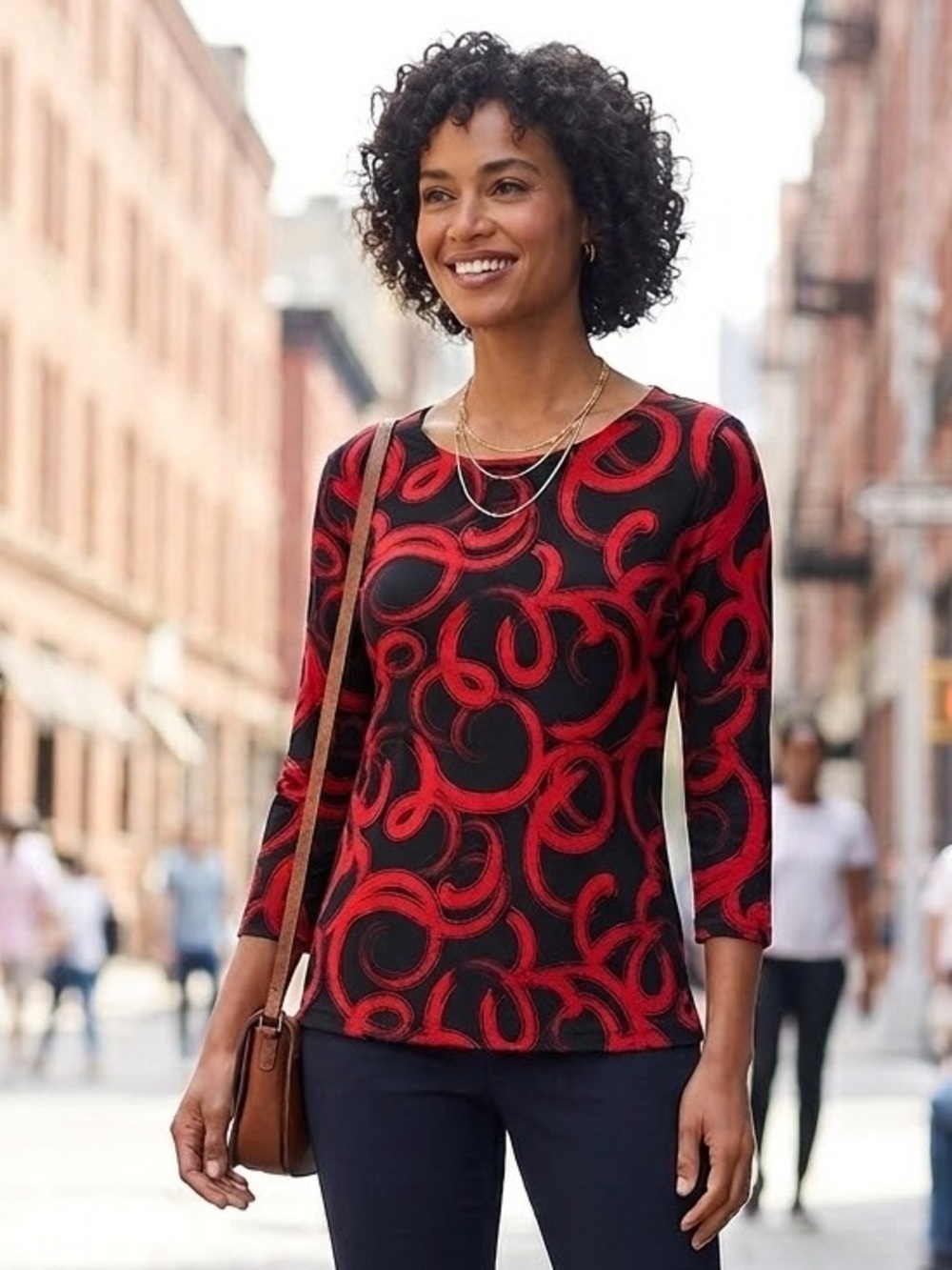 JM Collection Petite Top Women Small Red Black Swirl 3/4 Sleeve Blouse Stretch